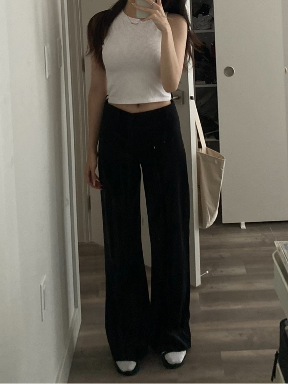 Black Micro-Corduroy Wide-Leg Pants / Retro High-Waisted Trousers